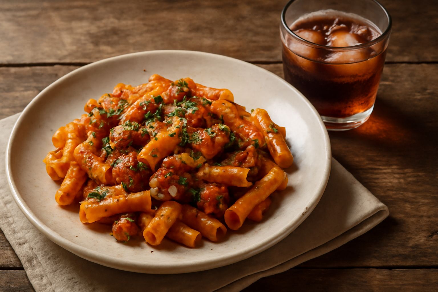Bicchiere cilindrico con Punt e Mes di colore ambrato scuro, ghiaccio trasparente, scorza di limone arricciata al bordo, su tavolo di legno scuro con bottiglie di vino e erbe aromatiche fresche sullo 