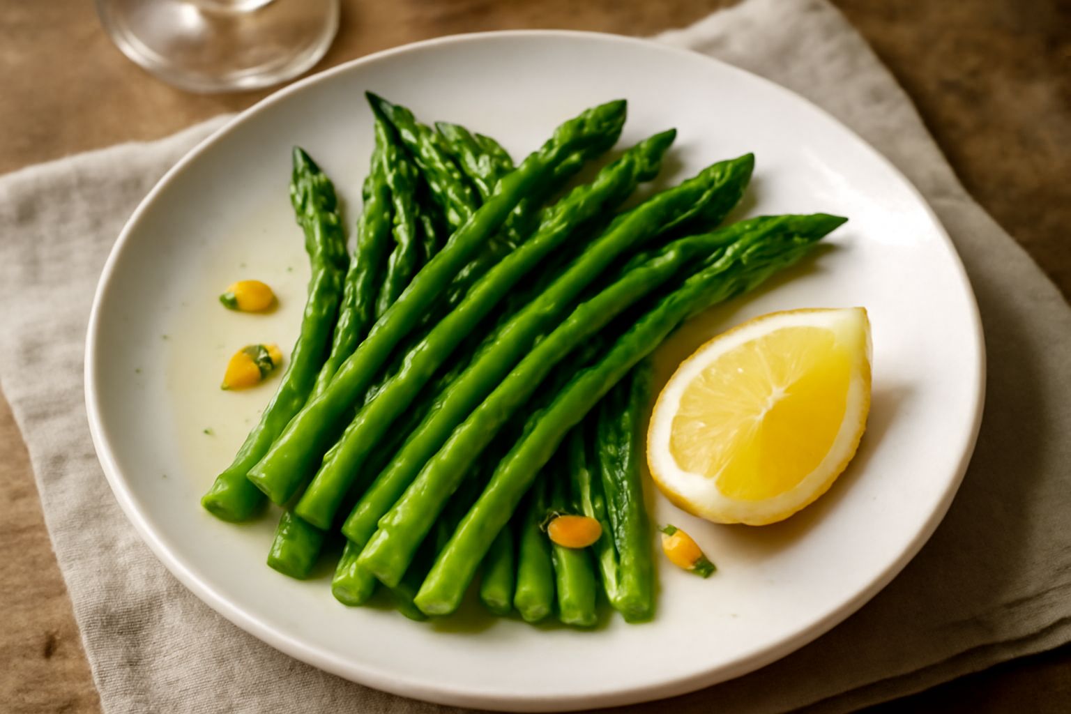 Punte d'asparago verdi e snelle disposte in circolo su un piatto bianco con gocce d'olio d'oliva, fettine d'aglio dorato ai lati, limone tagliato in spicchi sullo sfondo