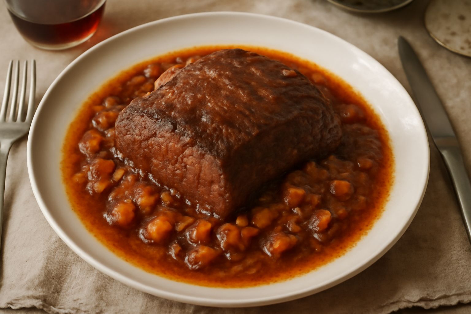 Punta di petto brasata in umido su piatto bianco, con sugo scuro e denso, circondata da carote, sedano e cipolla cotti, vapore ancora visibile dalla superficie del sugo