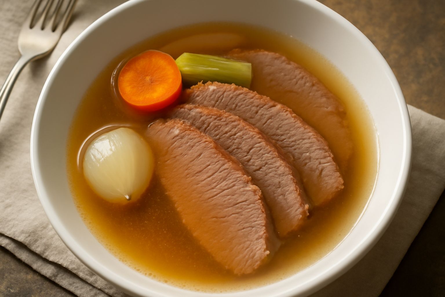 Piatto bianco con punta di petto affettata in brodo trasparente ambrato, guarnito con prezzemolo fresco e contornato da carota e sedano cotti, al di là brodo che fumega leggermente