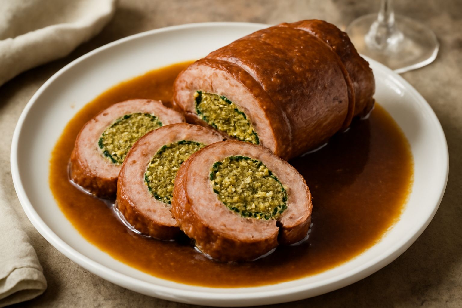 Punta di petto ripiena affettata nel piatto, con il ripieno visibile all'interno, carne rosata e tenera, contorno di verdure appassite, sugo scuro nel fondo