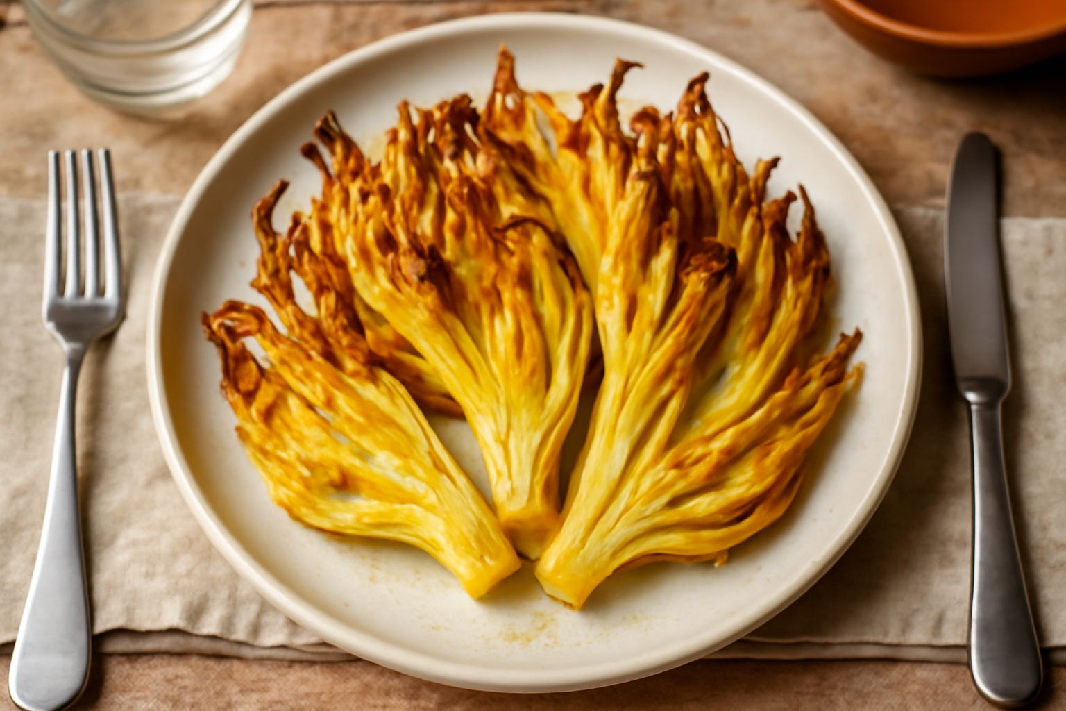 Puntarelle dorate e croccanti disposte su un piatto bianco, ancora calde dal forno, con cristalli di sale marino in vista e un filo di olio extravergine.