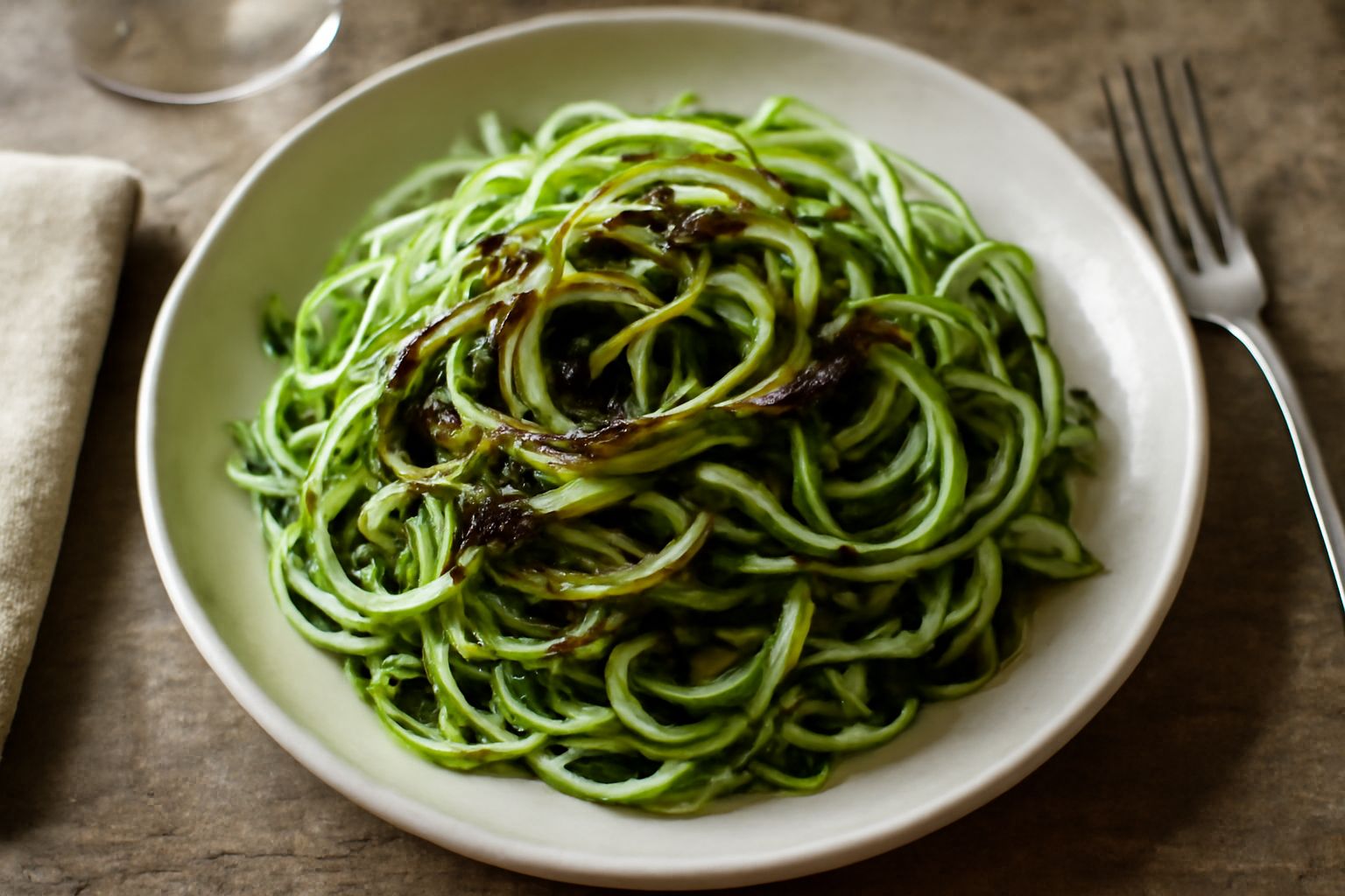 Puntarelle tagliate finissime e arricciate in un piatto bianco, condite con salsa scura di acciughe e aglio, con fili di cicoria color verde pallido che si arricciano, accompagnate da pane tostato