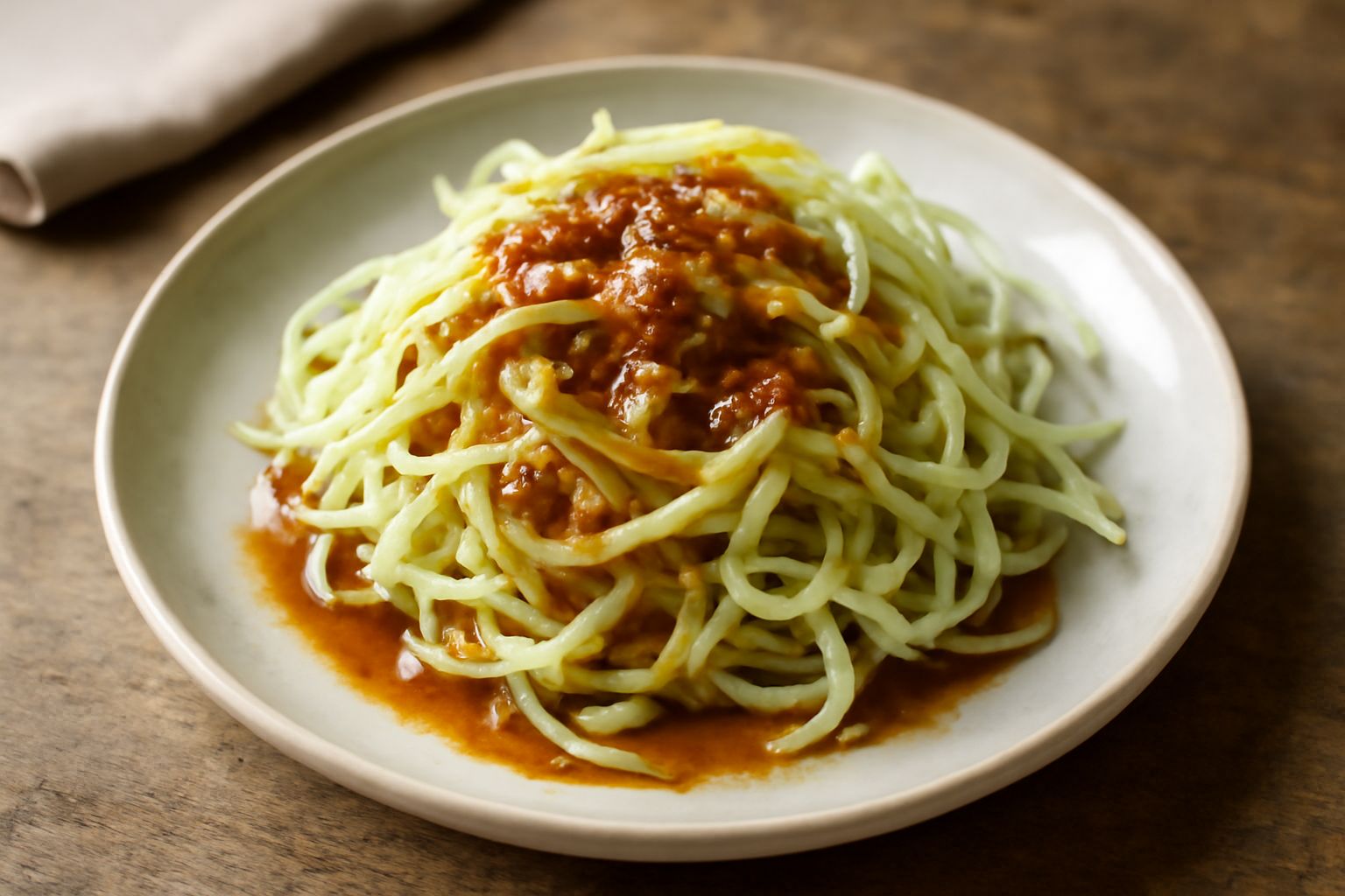 Puntarelle tagliate a striscioline fini e ricce, versate in un piatto con condimento di acciughe, olio e aceto, guarnite di prezzemolo verde