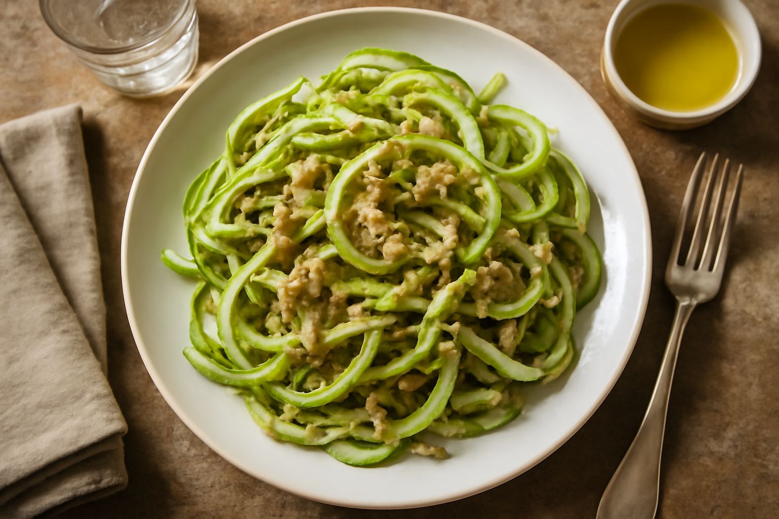 Piatto di puntarelle tagliate a spirale e arriccciate, immerse in una salsa color ambra con acciughe sciolte e olio verde, su fondo bianco
