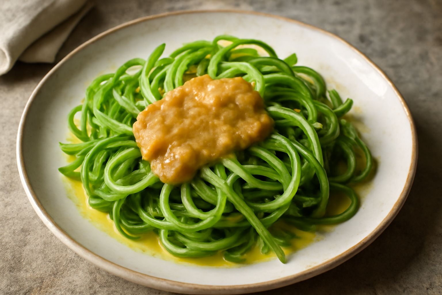 Puntarelle verdi e arricciate nel piatto, ricoperte di salsa densa color nocciola con fili d'olio lucido, servite su un piatto bianco con la salsa in ciotola accanto