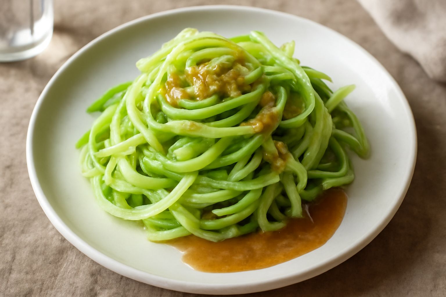 Puntarelle tagliate a fiamme in un piatto bianco con salsa dorata di acciughe e aglio, qualche goccia di olio che brilla sulla superficie, fondo scuro