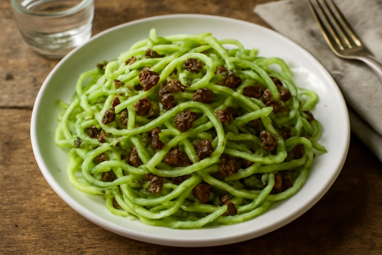 Puntarelle tagliate a spirale fine disposte in un piatto bianco, bagnate di olio e condite con acciughe e aglio, con fondo di tavolo scuro e tovaglia in lino chiaro