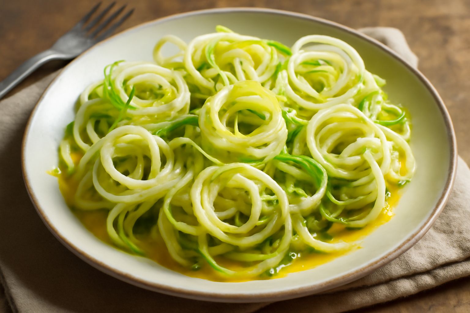 Puntarelle crude bianche e verdi arrotolate in un piatto di ceramica, condite con salsa gialla all'aglio e acciuga, foglie di cicoria ancora croccanti, contorno rustico su fondo di legno scuro
