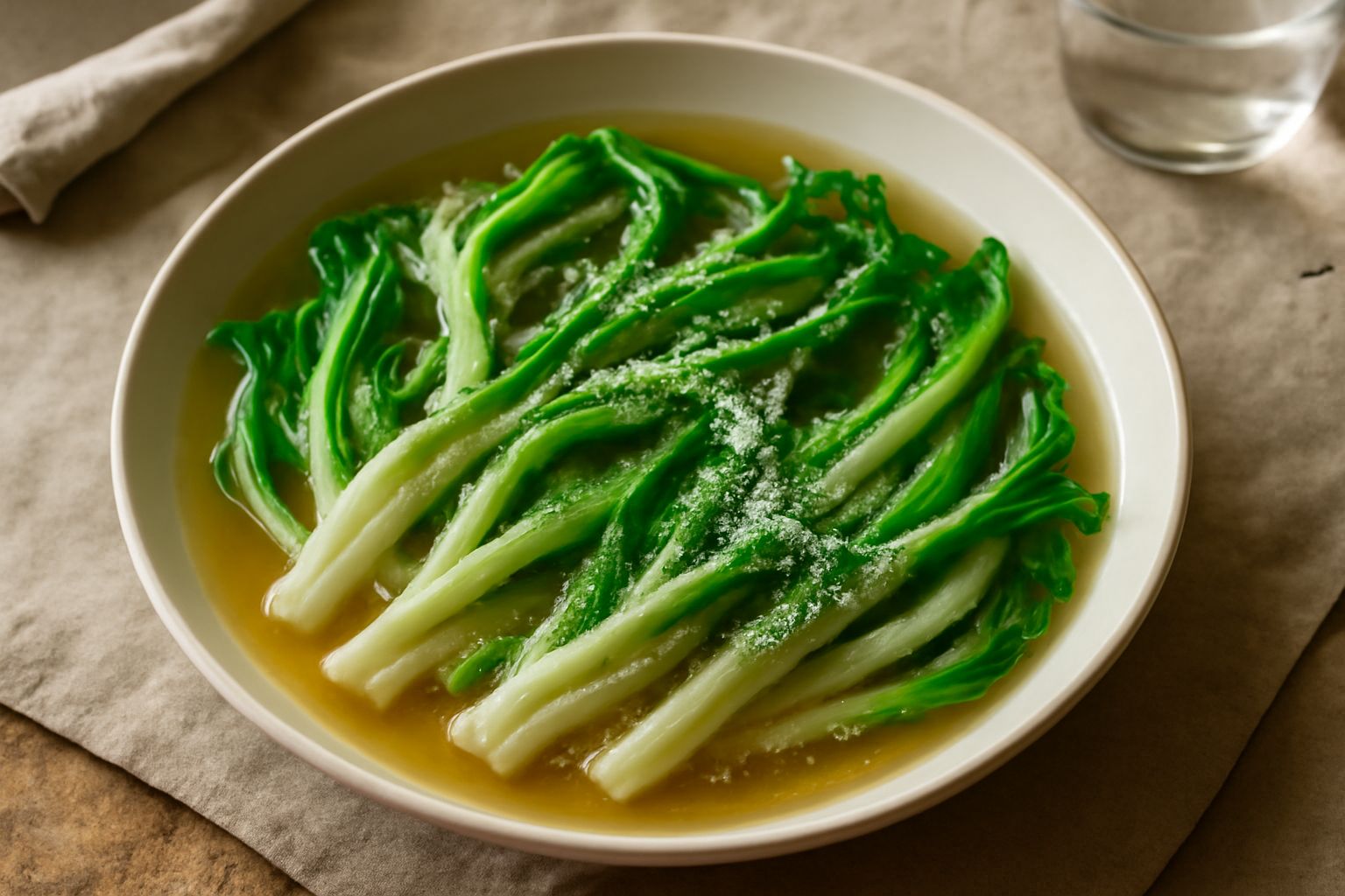 Ciotola bianca con puntarelle verdi e croccanti immerse in brodo trasparente, pane tostato nel piattino accanto, tavolo di legno chiaro