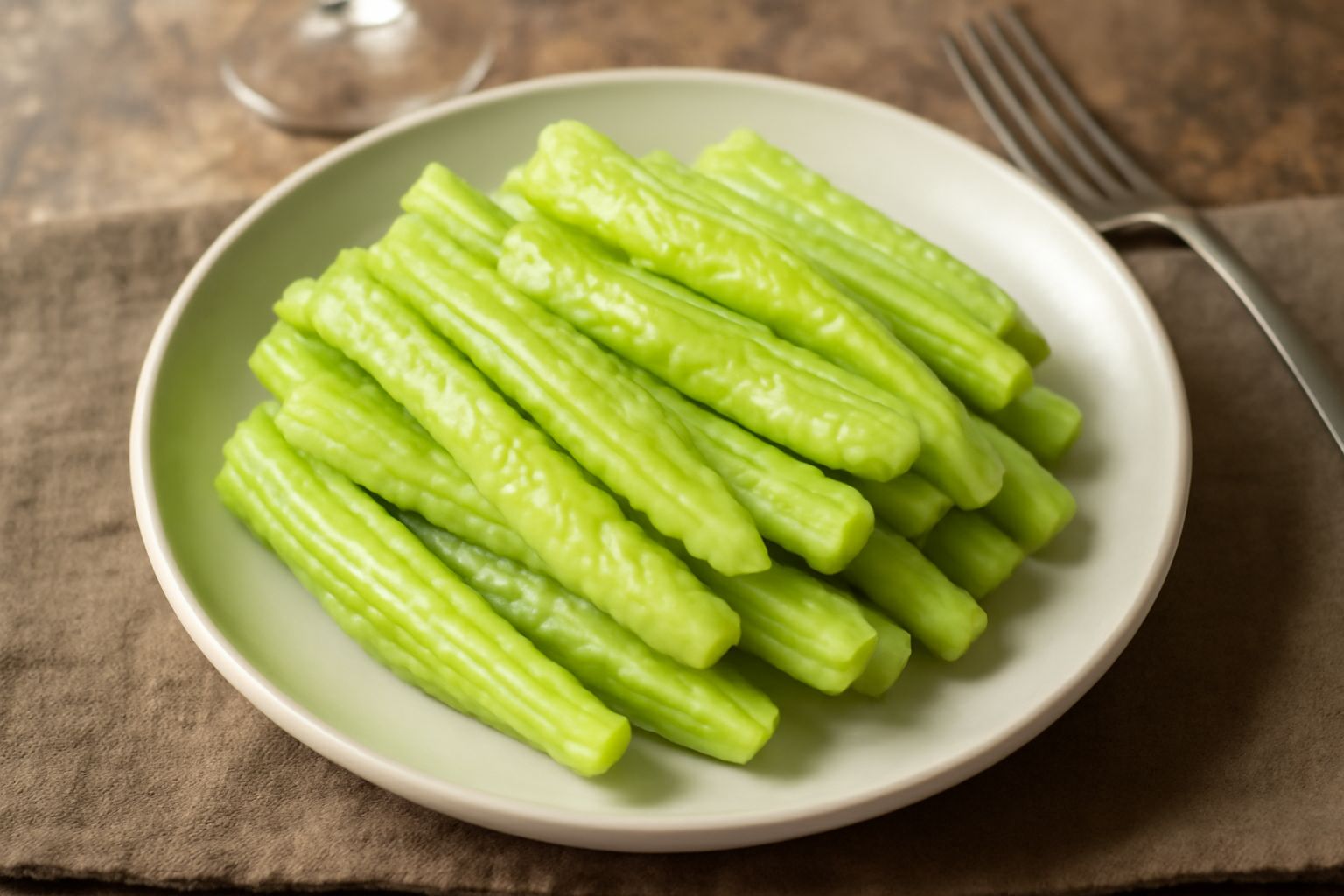 Puntarelle rigate cotte servite in un piatto bianco, con nervature evidenti, condite con gocce di olio extravergine di oliva e scorzetta di limone giallo