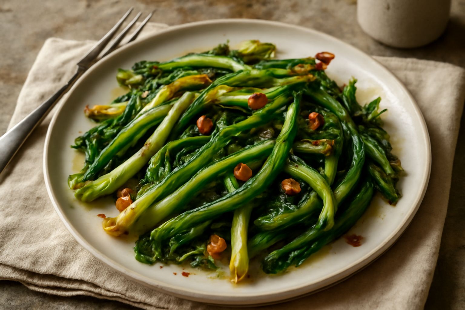 Puntarelle cotte in padella, colore verde intenso con punta dorate, aglio e peperoncino rosso, servite in piatto bianco con filo d'olio che brilla