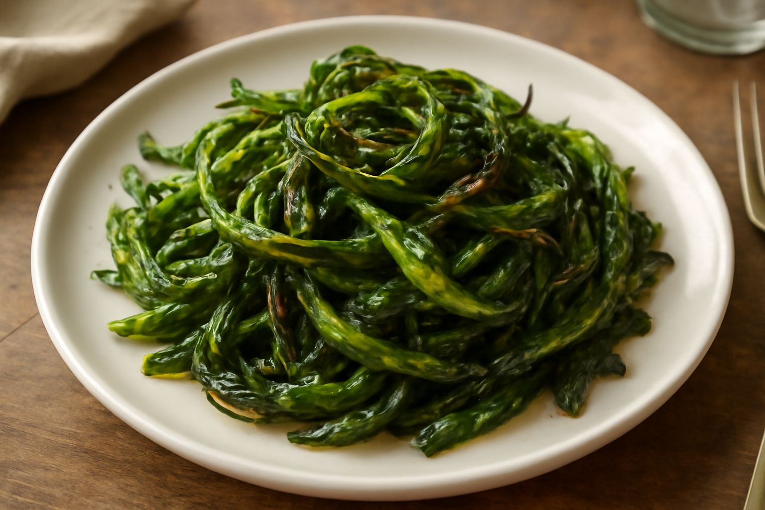 Puntarelle saltate dorate e croccanti in una padella di ferro scuro, con spicchi d'aglio, peperoncino rosso e gocce di olio brillante, servite su un piatto bianco