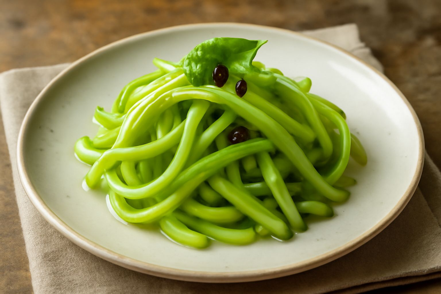 Barattolo di vetro con puntarelle sott'aceto, verde brillante e croccante, condite con aceto trasparente, spezie nere e qualche foglia di alloro visibile sul fondo del vaso
