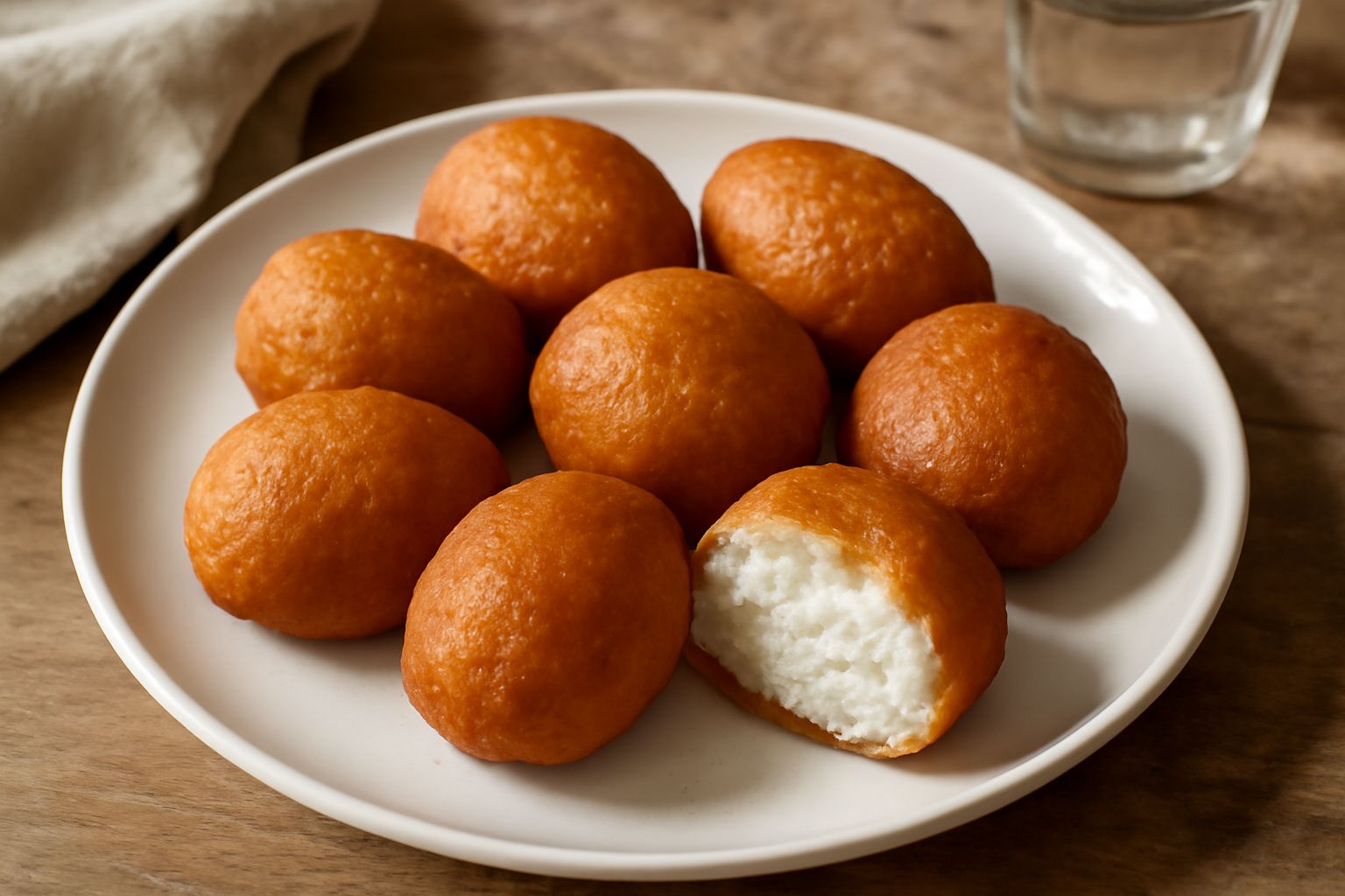 Frittelle dorate e croccanti ripiene di ricotta, disposte su un piatto bianco, con zucchero a velo, accanto a una tazza di caffè nero