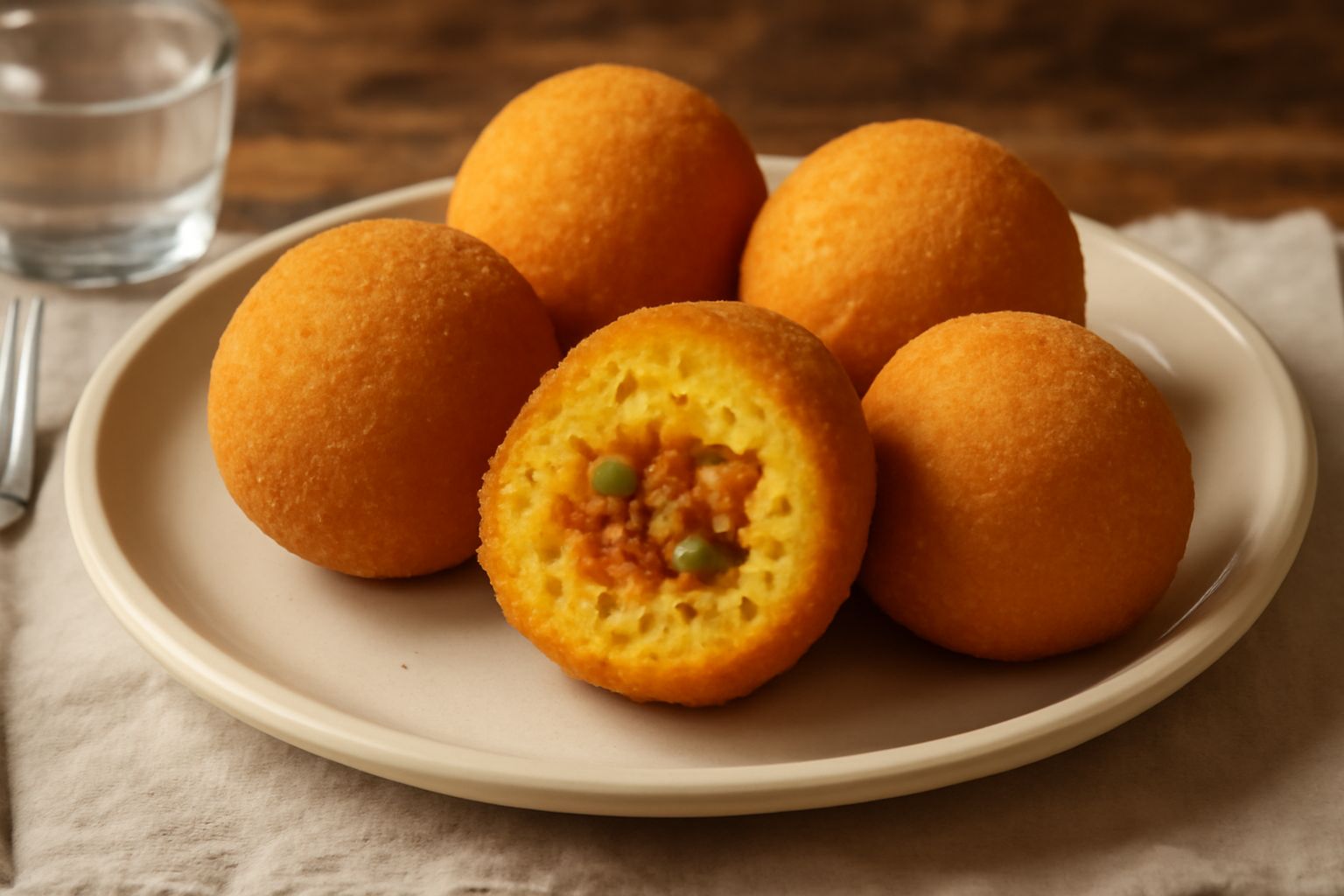 Quattro arancini fritti color oro dorato disposti su un piatto bianco, con panatura croccante visibile, tagliati a metà per mostrare il riso giallo e il ripieno di ragù e piselli al centro