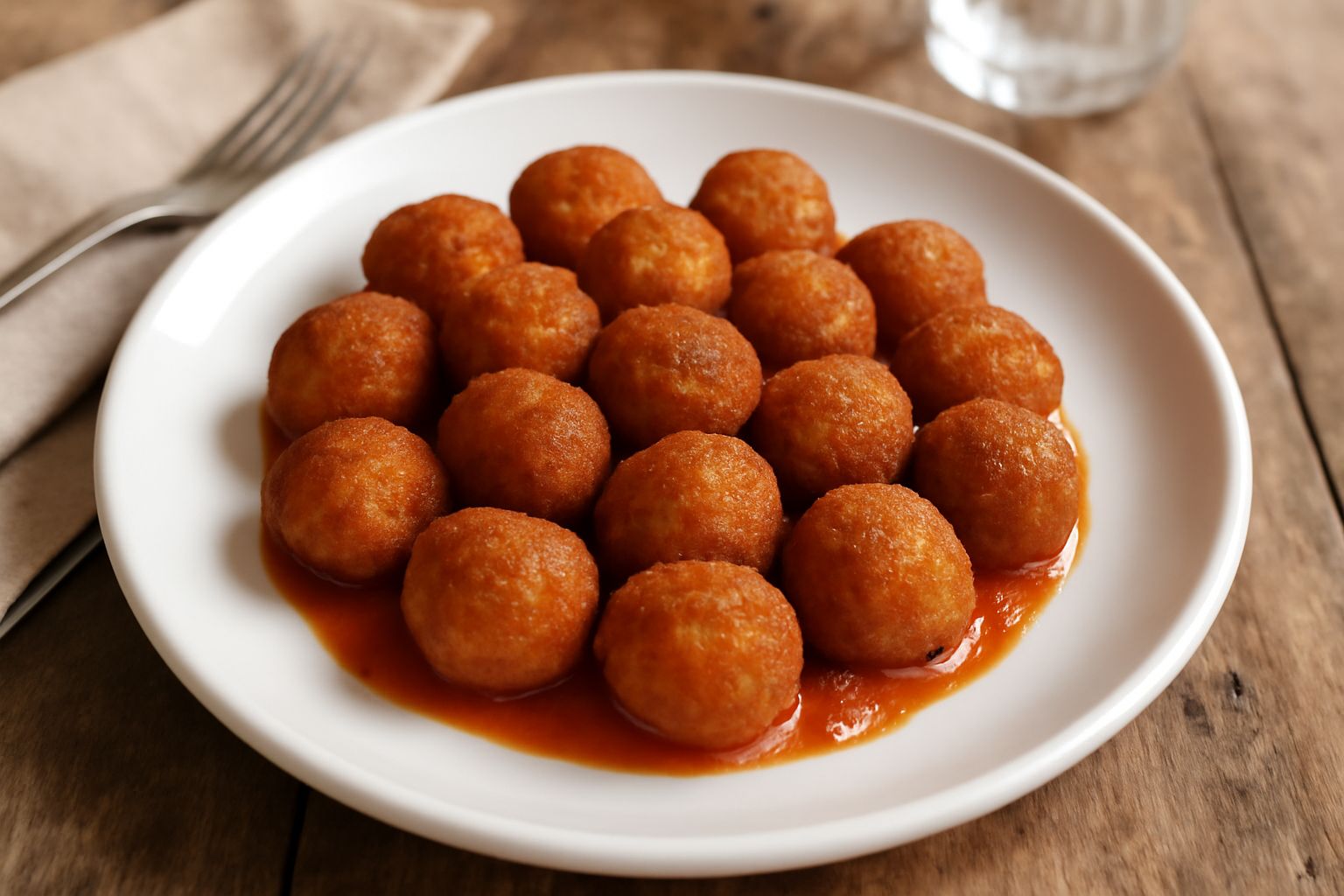 Purcedduzzi dorati e croccanti disposti nel piatto bianco, conditi con sugo di pomodoro, accompagnati da pane tostato e erbe aromatiche fresche