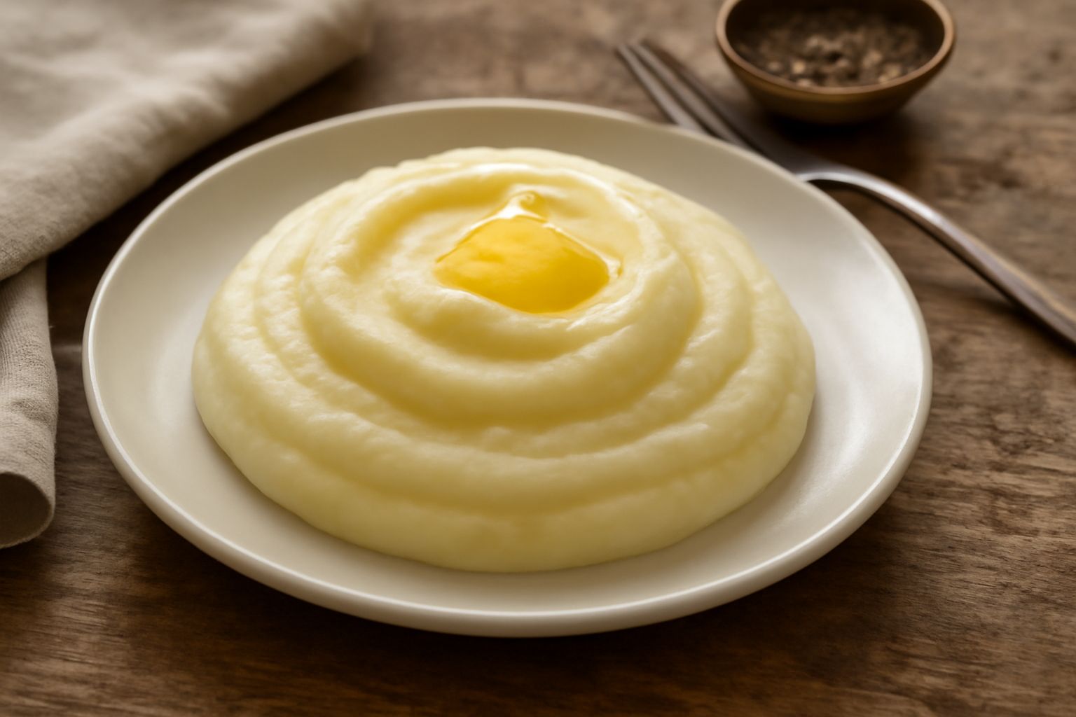 Purè di patate color avorio cremoso servito in un piatto bianco, con superficie liscia lievemente ondulata, un cucchiaio d'argento poggiato a un lato, una nocciolina di burro al centro ancora intatta