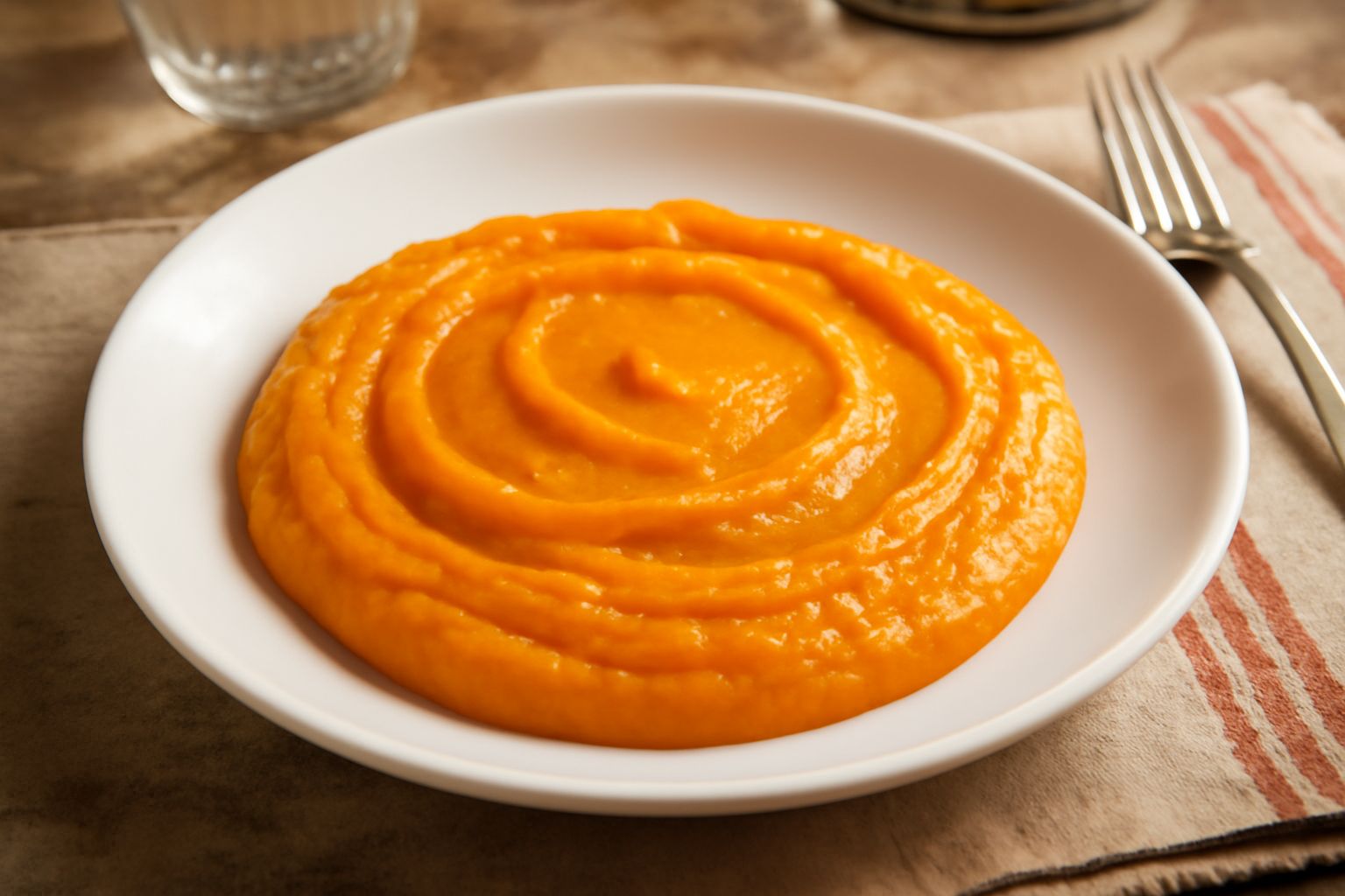 Una ciotola di ceramica bianca con purè di zucca arancione intenso, liscio e omogeneo, con un filo di olio d'oliva, pepe nero macinato e una foglia di salvia fresca sulla superficie.