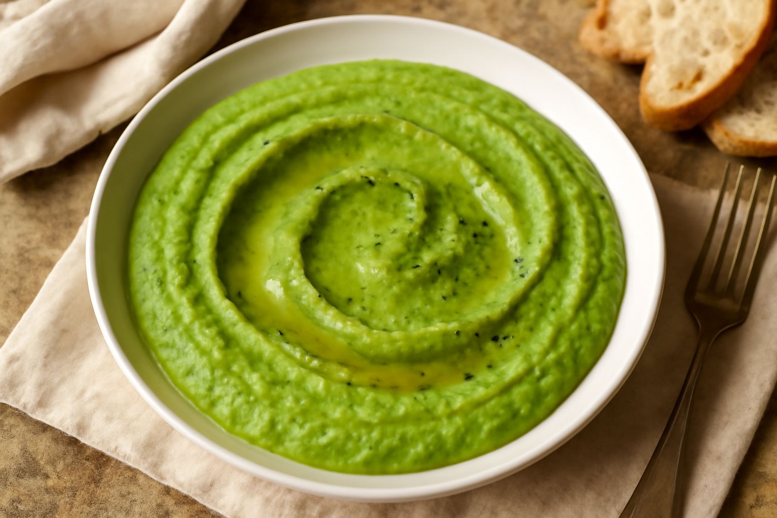 Ciotola di purea di fave verde brillante, ondulata da un cucchiaio di legno, con gocce di olio d'oliva sul bordo e pepe nero macinato fresco
