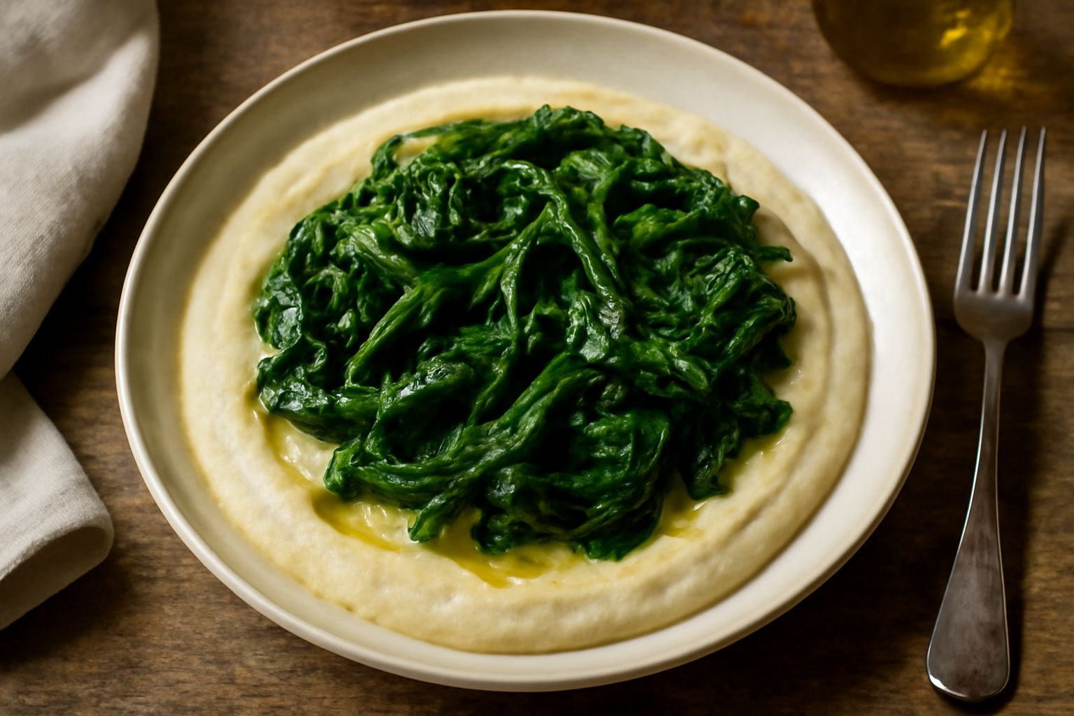 Purea di fave bianca e cremosa in un piatto fondo, con cicoria saltata verde scuro disposta sopra, filo di olio d'oliva dorato e pane tostato accanto