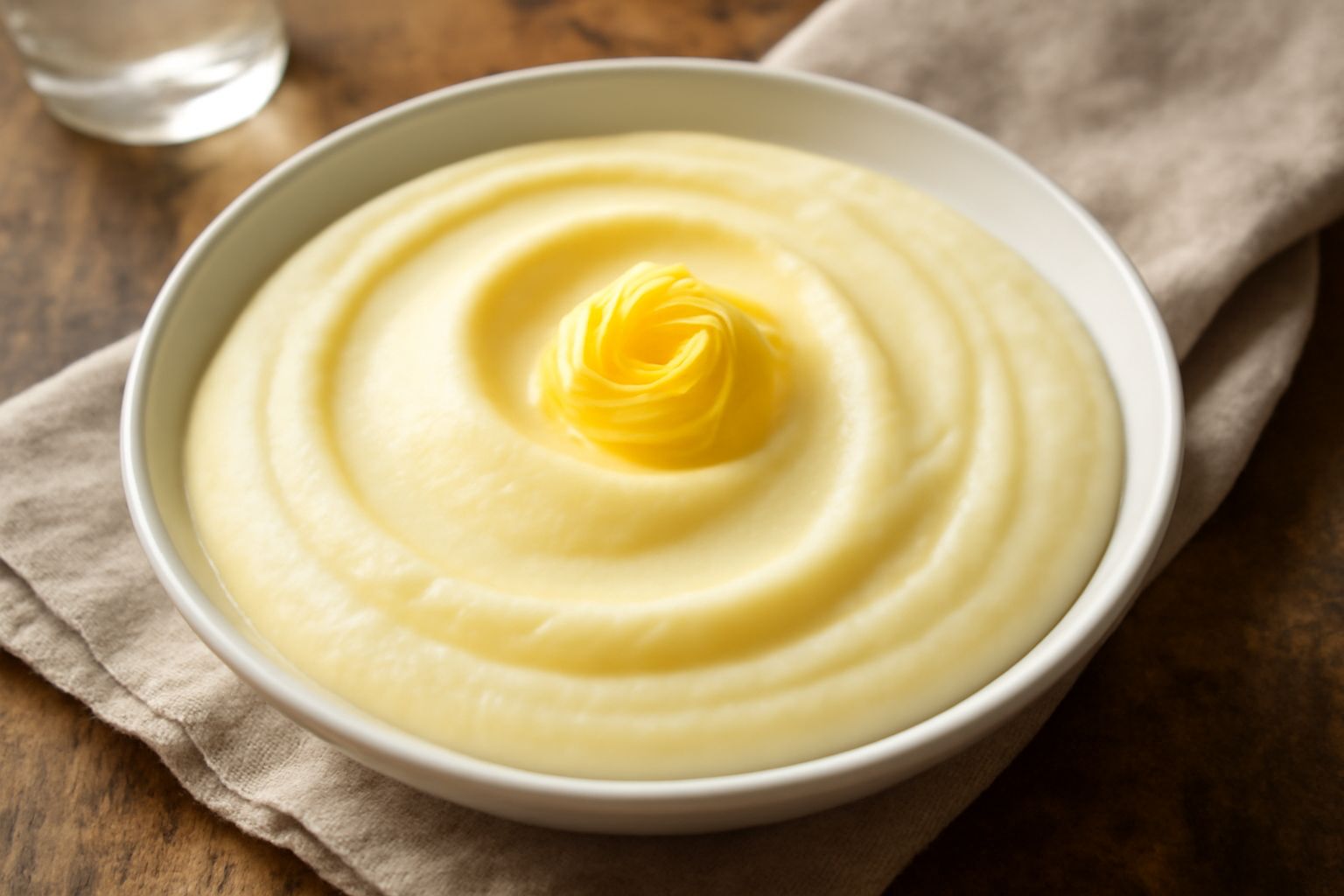 Purea di patate bianca e cremosa servita in un piatto fondo, con una rosetta di burro al centro e una spolverata di pepe nero, contornata da un cucchiaio di legno
