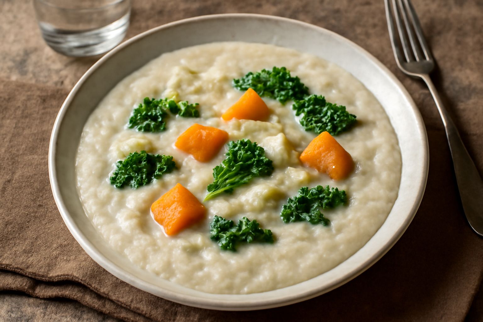 Un piatto bianco con putìça cremosa color bianco sporco, patate sminuzzate, pezzi di zucca arancione e cavolo verde, con superficie liscia e un filo di olio; contorno di verdure verdi sfocate
