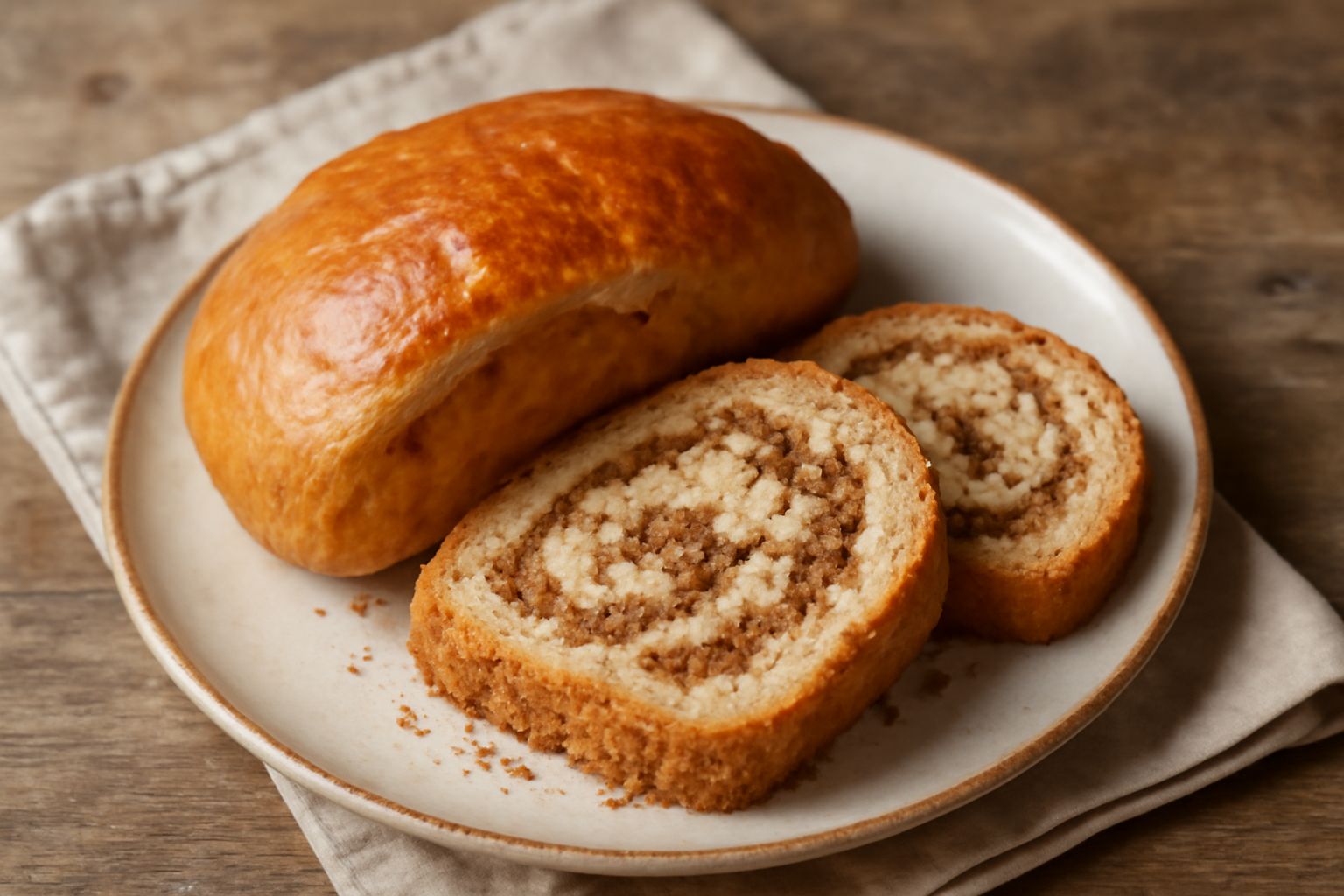 Putiza intera e affettata su tavolo di legno: pane dorato, friabile, con sfoglie dorate che si sgretolano leggermente, contorni irregolari, farina residua attorno
