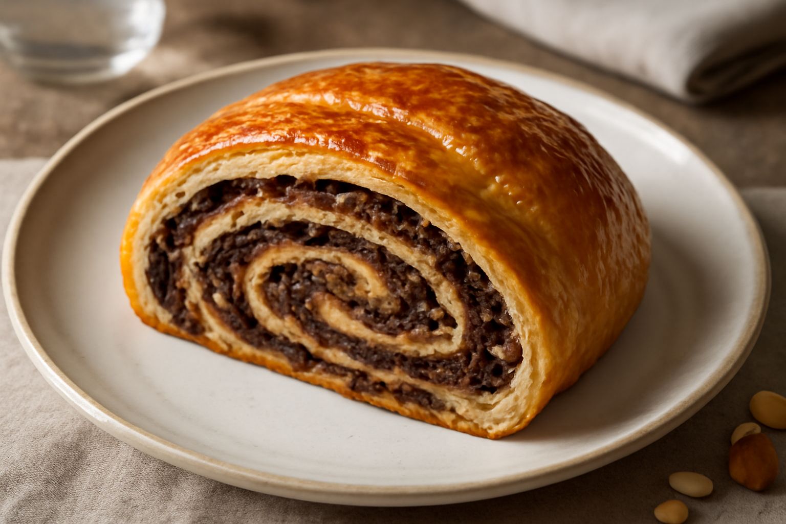 Putizza friulana intera a forma di spirale, dorata e croccante, su un piatto bianco. La sezione mostra il ripieno di noci, uvetta scura e mandorle; accanto una tazza di caffè