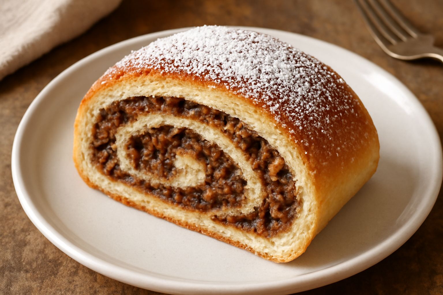 Putizza triestina intera su piatto bianco, dalla forma di spirale, con superficie dorata e lucida, ripieno di noci e uvetta visibile al taglio, contornata da noci sgusciate