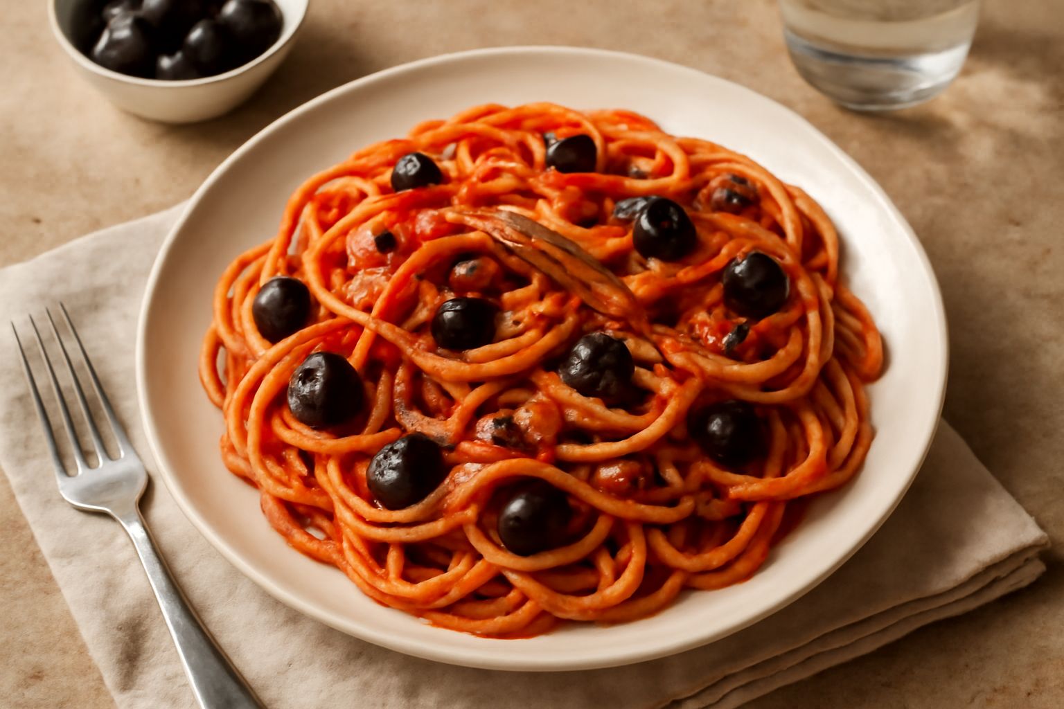 Piatto di pasta alla puttanesca con spaghetti ricoperti di salsa rossa, olive nere tagliate, capperi e filetti di acciuga visibili in superficie, condita con olio extravergine, su piatto bianco.