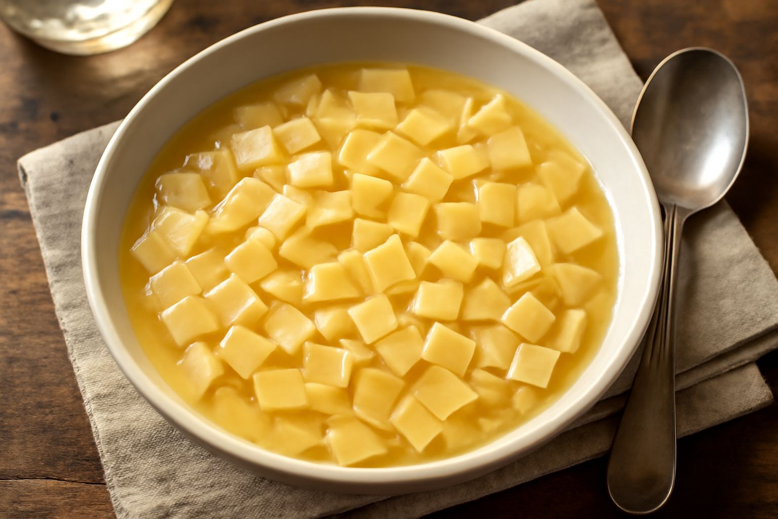 Piatto bianco con quadrucci di pasta fresca in brodo di carne, pezzi di verdura visibili, superficie del brodo trasparente, grana di parmigiano grattugiato sopra