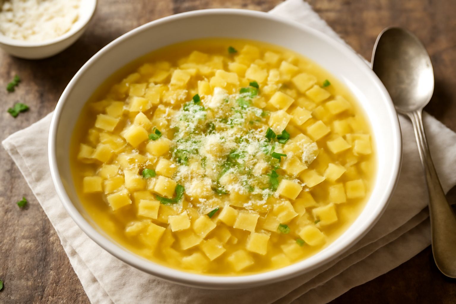 Ciotola di ceramica bianca con quadrucci in brodo, pasta gialla ben definita galleggia nel brodo trasparente, spruzzata di parmigiano grattugiato e prezzemolo verde fresco, cucchiaio dentro il piatto