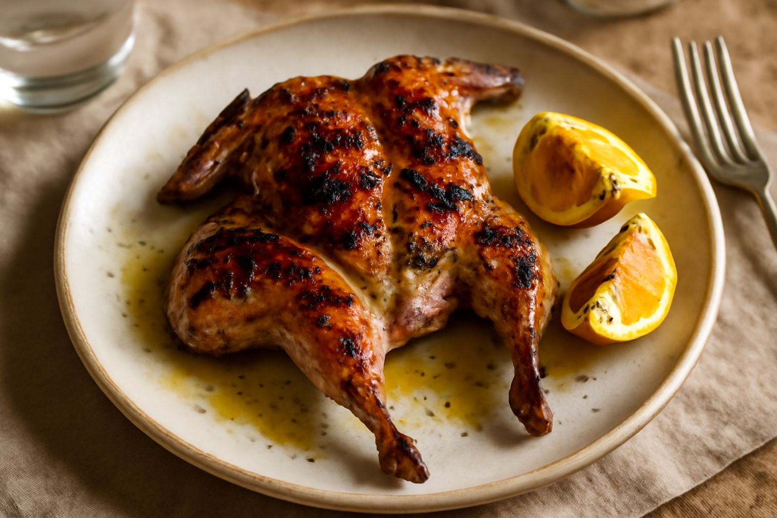 Due quaglie intere affettate longitudinalmente, dorate e leggermente carbonizzate sulla superficie, poggiate su un piatto bianco con spicchi di limone fresco e rametti di rosmarino