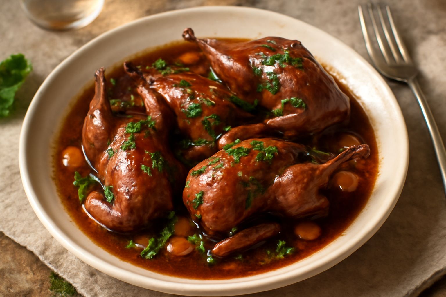 Tegame di terracotta con quattro quaglie intere bruno dorate, in un fondo di salsa ambrata con sedano e carota, guarnite di prezzemolo fresco su piatto bianco