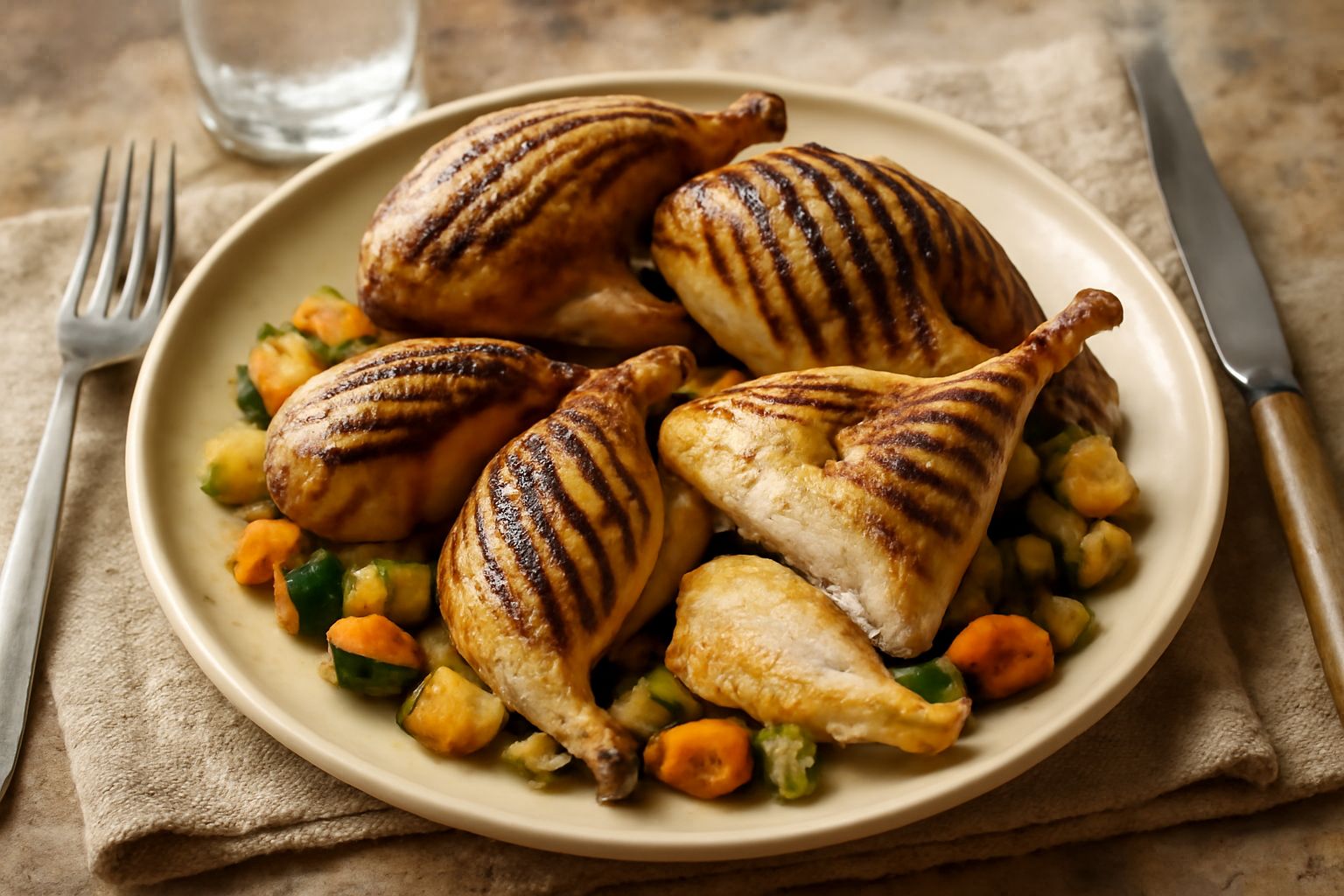 Quaglie rigate intere, dorate e appena cotte, disposte in un piatto bianco con contorno di verdure grigliate, rosmarino fresco e un filo d'olio