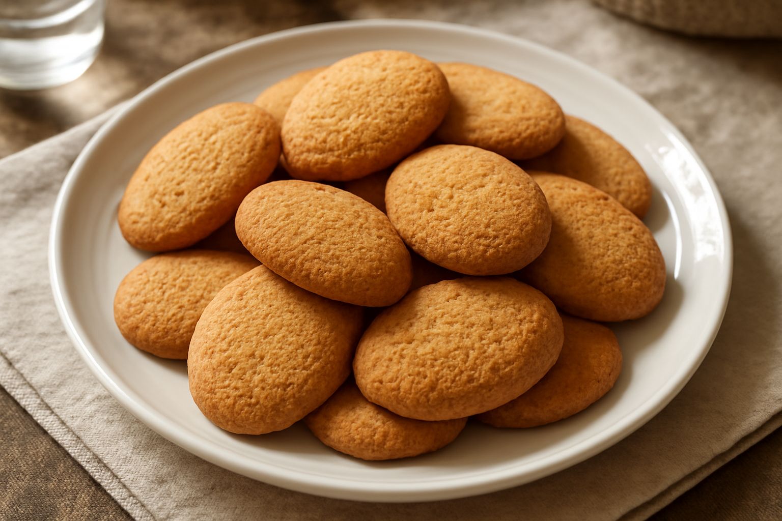 Quaresimali dorati e friabili disposti su un piatto bianco, con una trama visibile che mostra la friabilità, accanto a una tazza di tè caldo. Lo sfondo è una superficie in legno naturale.