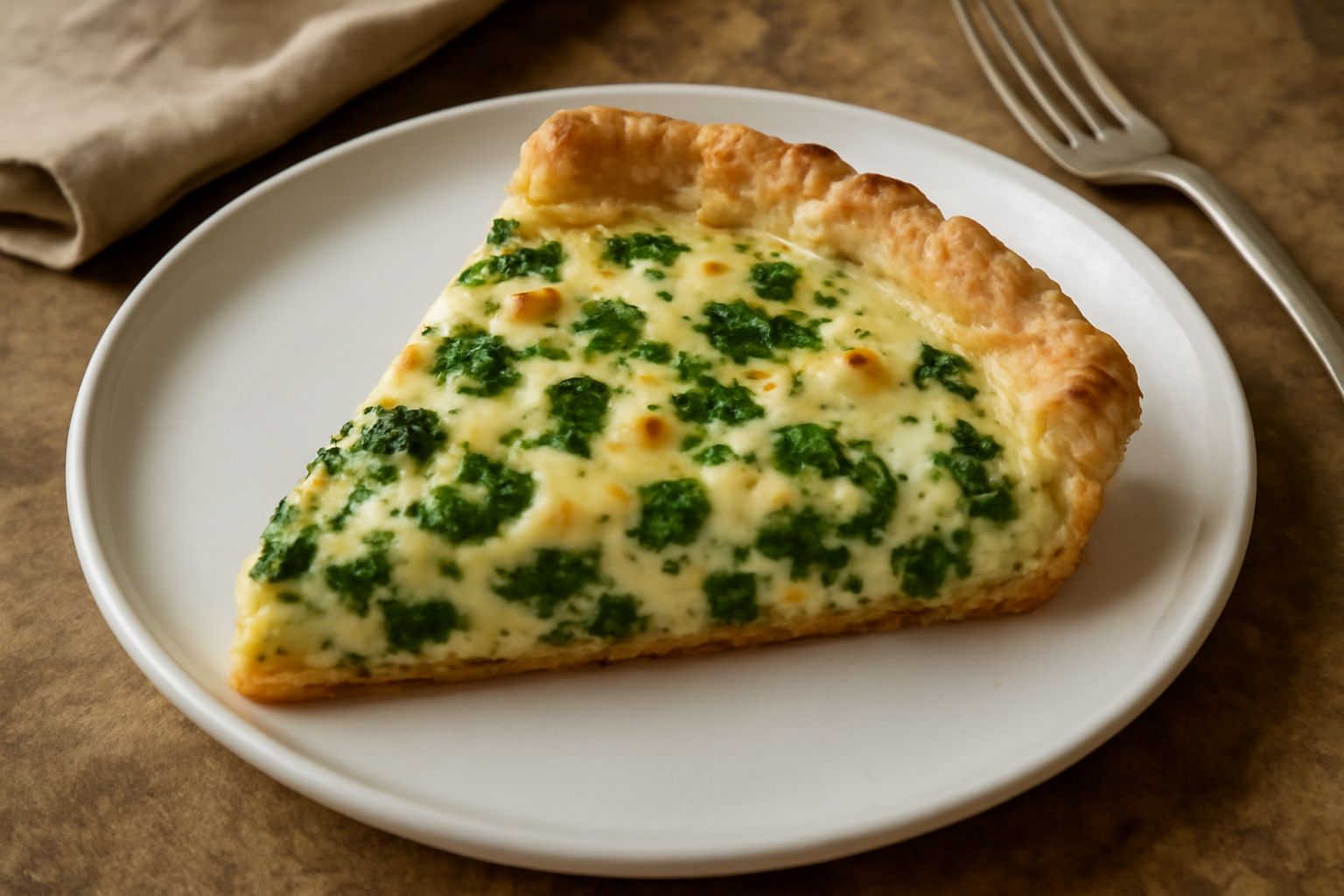 Quiche salernitana tagliata a spicchi, pasta sfoglia dorata e croccante, ripieno color crema con verdure verdi visibili, ripresa dall'alto su un piatto bianco con contorno di insalata fresca
