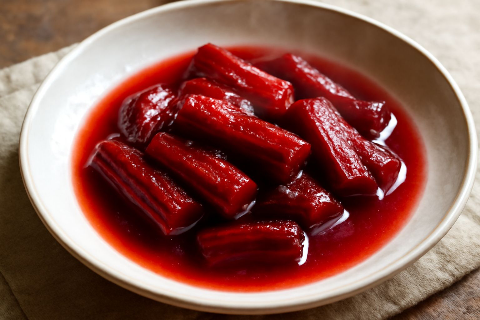 Rabarbaro stufato in un piatto bianco, di colore rosso scuro e brillante, con piccoli cristalli di zucchero sulla superficie, vapore caldo ancora visibile, contorno di gambi rossi teneri tagliati in p