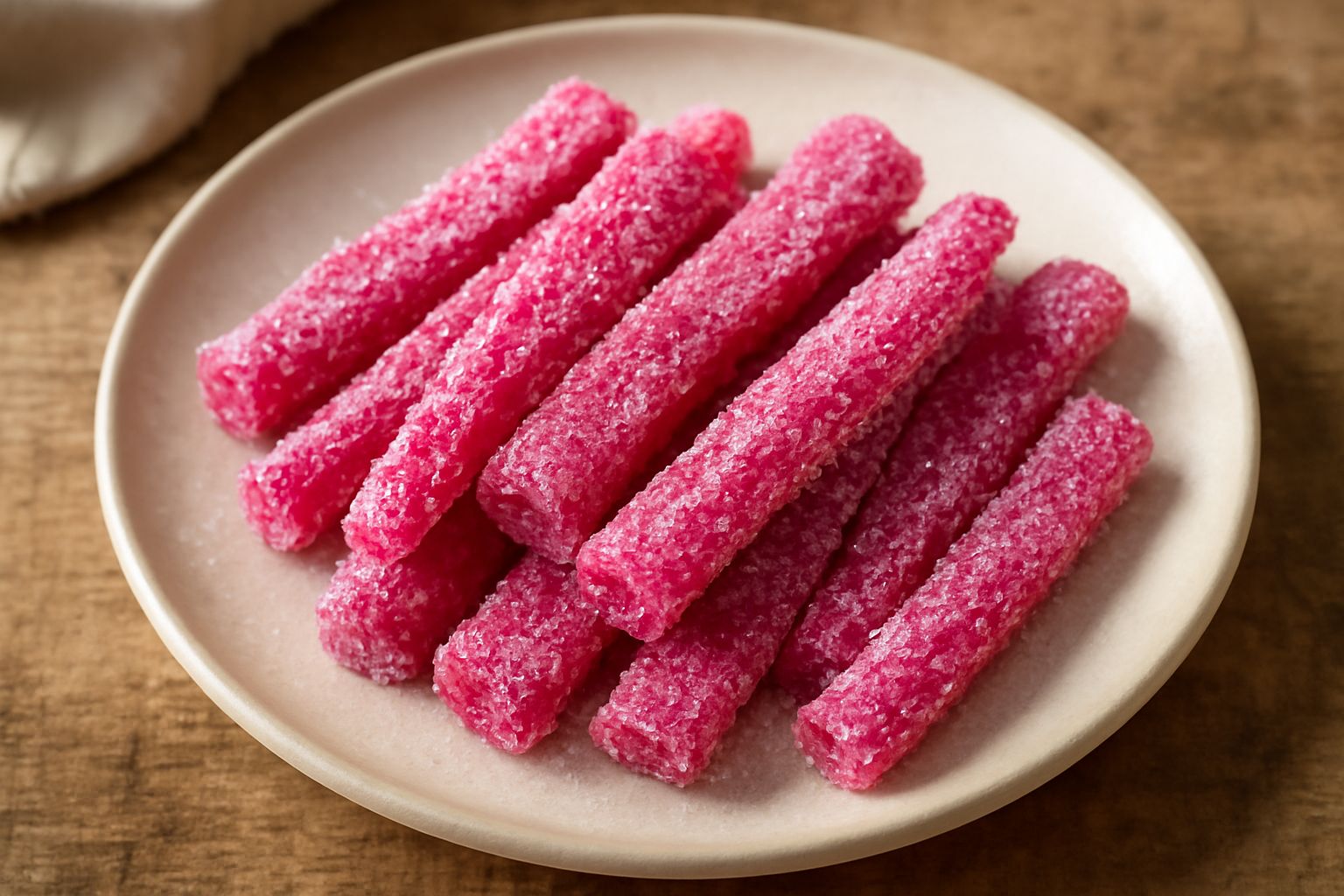 Steli di rabarbaro candito di colore rosa brillante, ricoperti di cristalli di zucchero granuloso, disposti su una superficie bianca, con cristalli di zucchero sparsi intorno