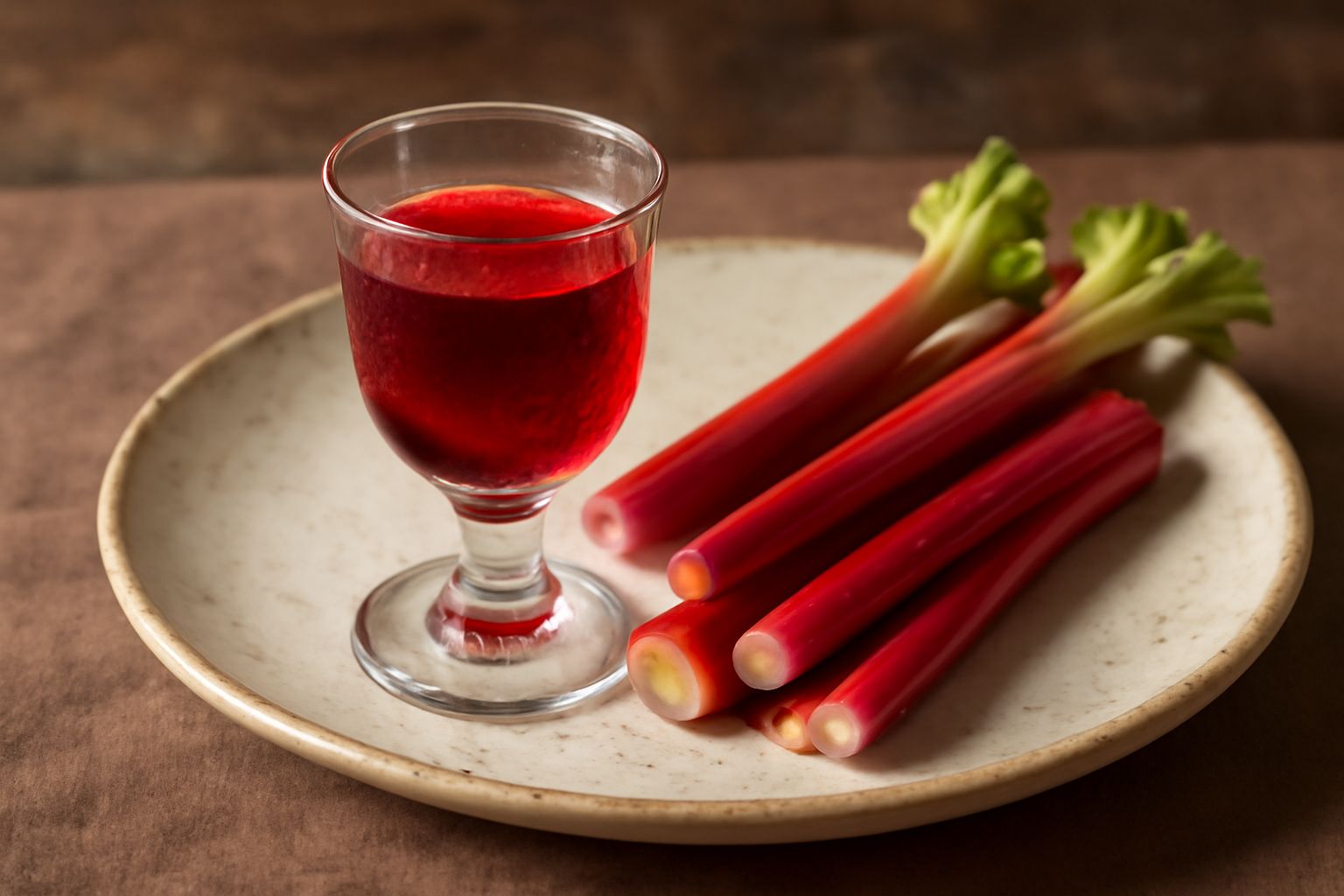Bicchiere di rabarbaro liquore rosso intenso, trasparente, con gambi di rabarbaro rossi sullo sfondo e una bottiglia di vetro scuro contenente il liquore finito