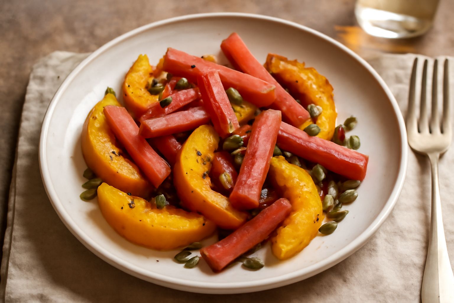Zucca gialla caramellata tagliata a spicchi con rabarbaro rosa tagliato a bastoncini, conditi con olio e semi di zucca tostati, su un piatto bianco con cucchiaio di legno