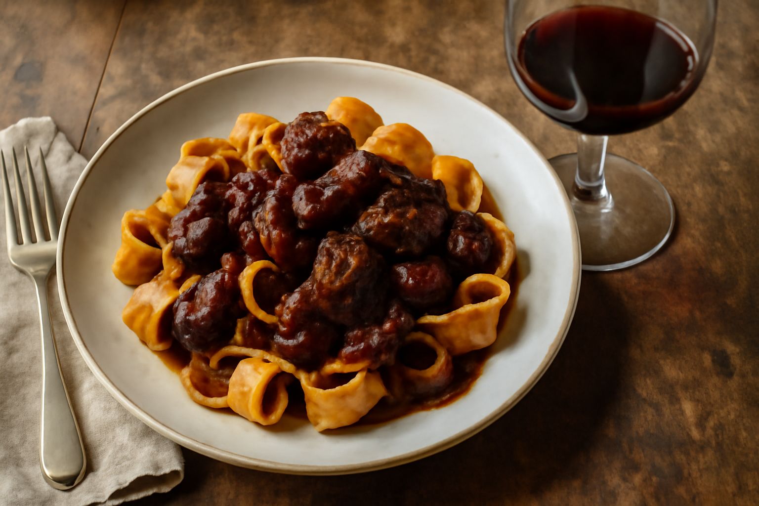 Calice di cristallo con vino Raboso rosso scuro, quasi granato, accanto a una bottiglia di vetro scuro e alcuni grappoli d'uva nera su tavolo di legno rustico