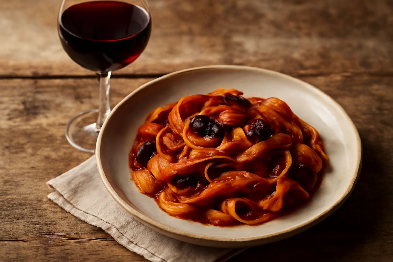 Calice di vino rosso scuro Raboso Piave con sfumature granato, accanto a un piatto di brasato di manzo affettato e verdure grigliate, su tavolo di legno naturale