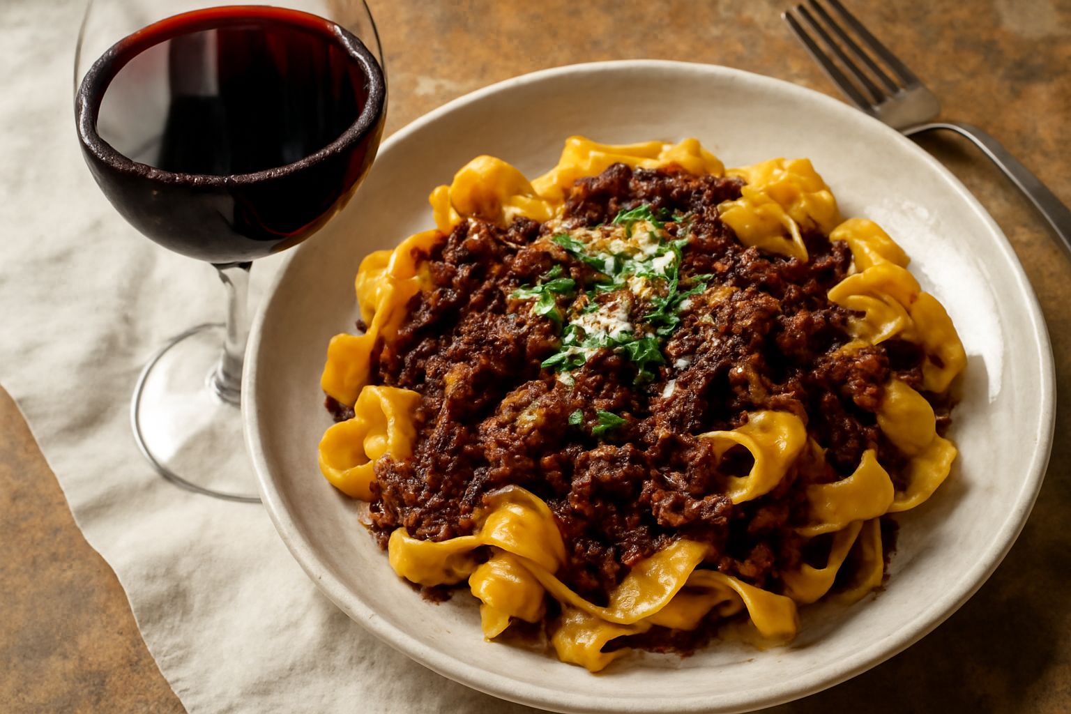 Calice di cristallo con Raboso Veneto rosso rubino scuro, con sfumature porpora, servito a temperatura ambiente su tavolo di legno scuro con pane toscano e fette di speck affettato
