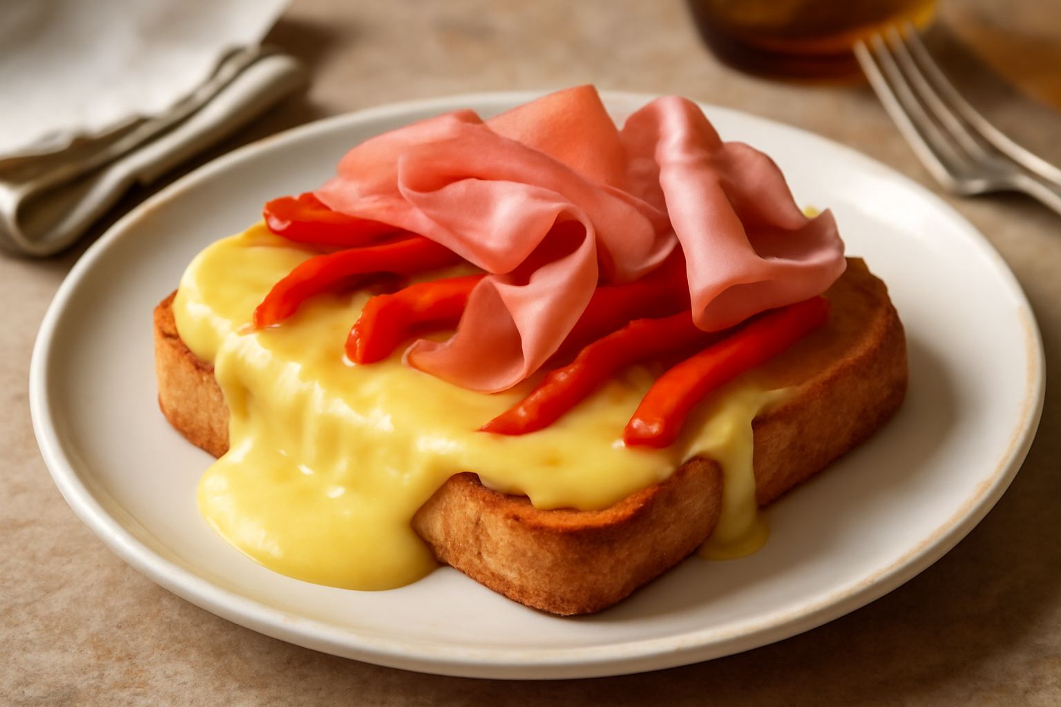 Raclette street in carta da asporto: fetta di pane tostato ricoperta di formaggio giallo filante e fumante, condita con prosciutto crudo, peperoni arrostiti e cipolla, servita in un contenitore di car
