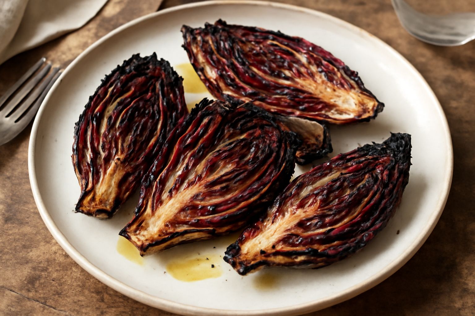 Radicchio rosso scuro affettato a spicchi, grigliato sulla brace, con bordi caramellati neri e trama bianca visibile al taglio, disposto su piatto bianco con fili d'olio dorato