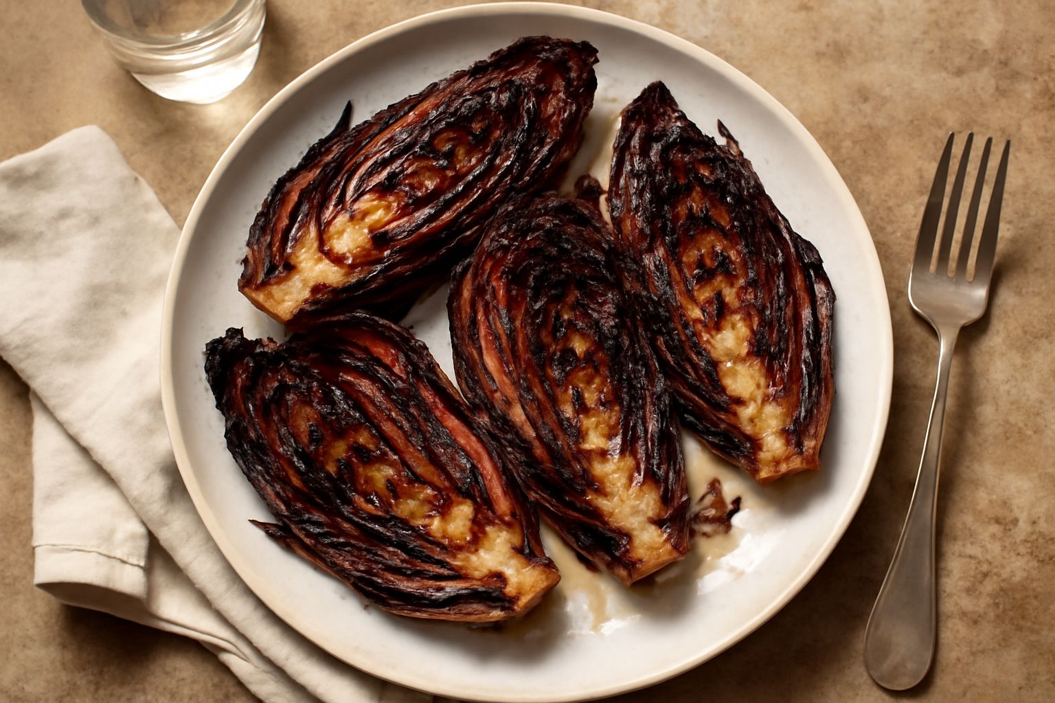 Fette di radicchio rosso scuro appena grigliate, con bordi caramellati neri e dorati, disposte su un piatto bianco, accompagnate da un filo di olio d'oliva e una spolverata di sale marino