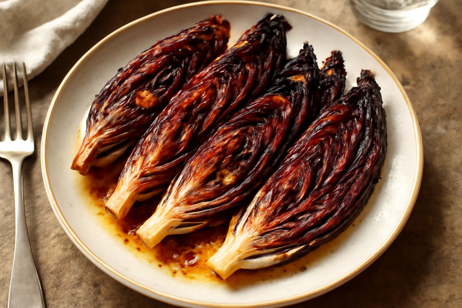 Radicchio rosso tagliato a spicchi dorati e leggermente caramellati in padella, con aglio e peperoncino rosso, servito in piatto bianco con olio d'oliva ancora caldo