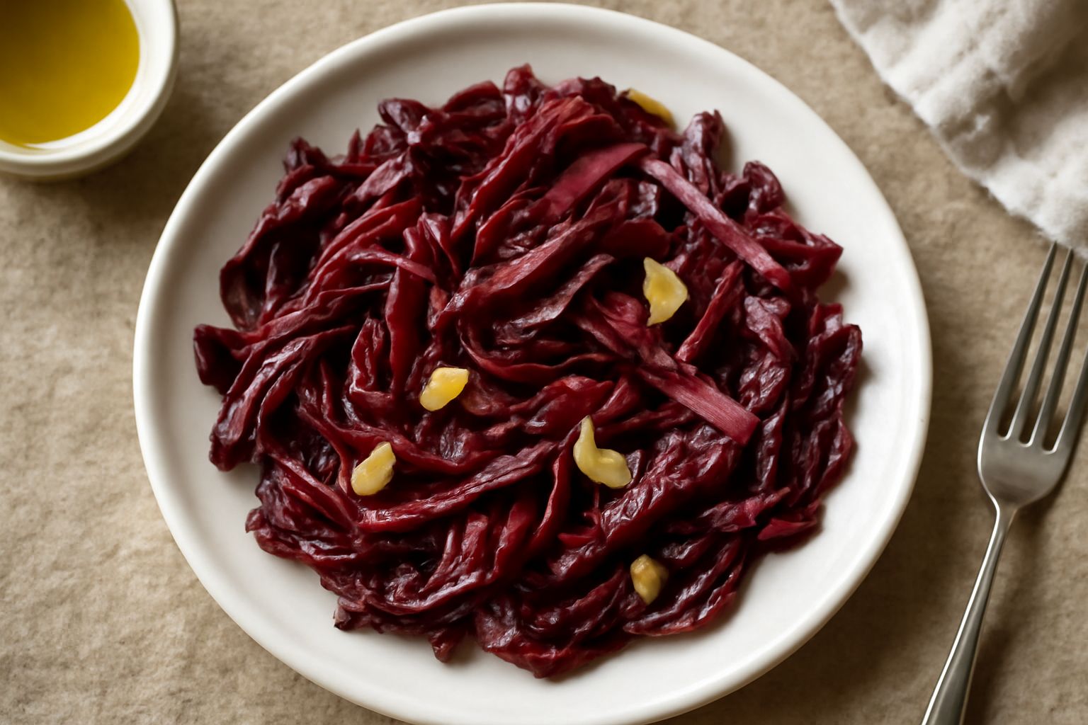 Radicchio rosso affettato in strisce sottili, disposto in un piatto bianco lucido con filo di olio lucente, scaglie di aglio e un leggero riflesso di aceto trasparente